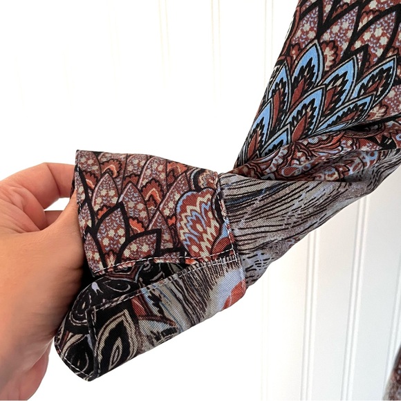 2000's Y2K Tianello Patterned Stretchy Top Peacock Feathers Stretchy Boho Brown - Picture 7 of 13
